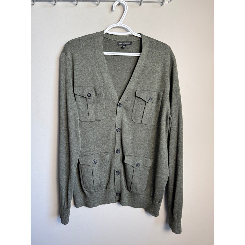 Banana Republic Mens Olive Green Utility Cardigan L Safari Military Workwear